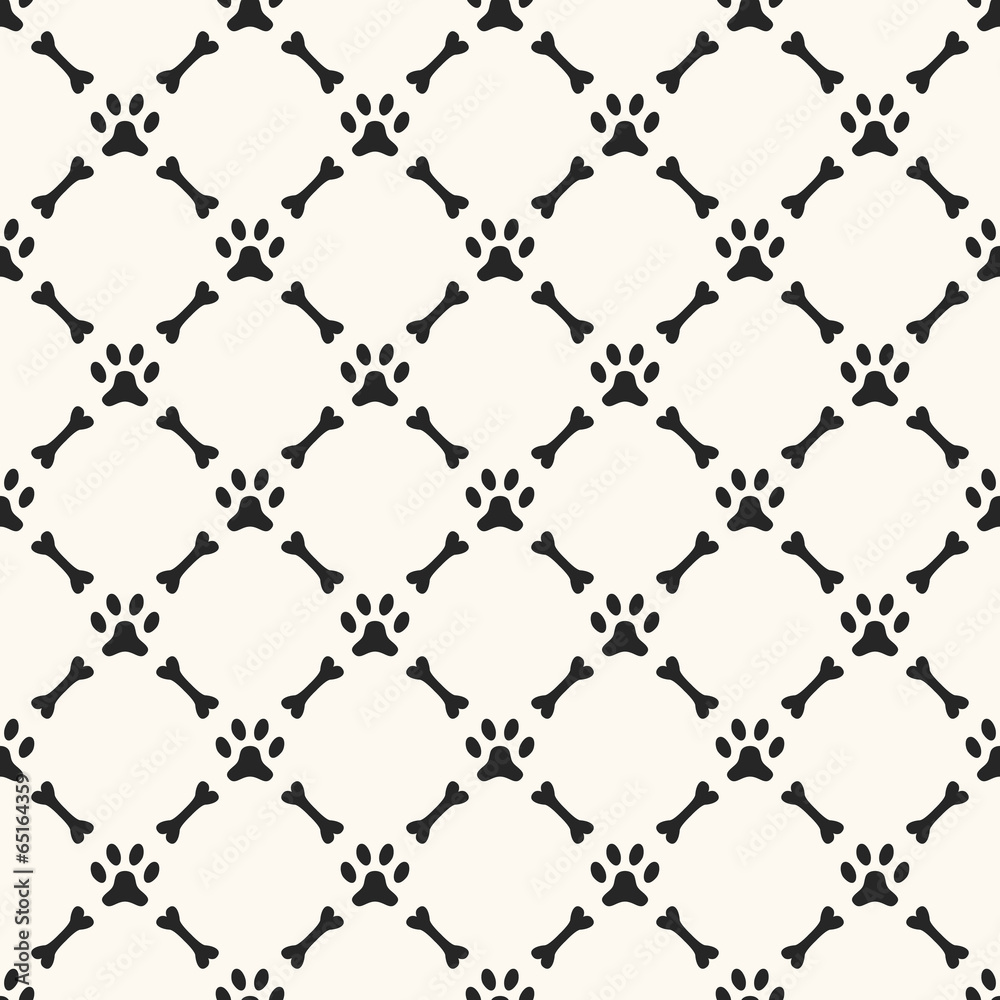 Seamless animal pattern of paw footprint and bone. Endless textu