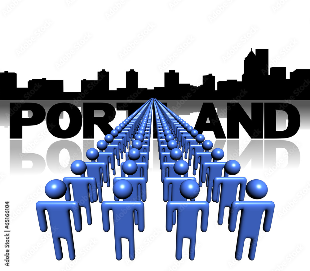 Obraz premium Lines of people with Portland skyline illustration
