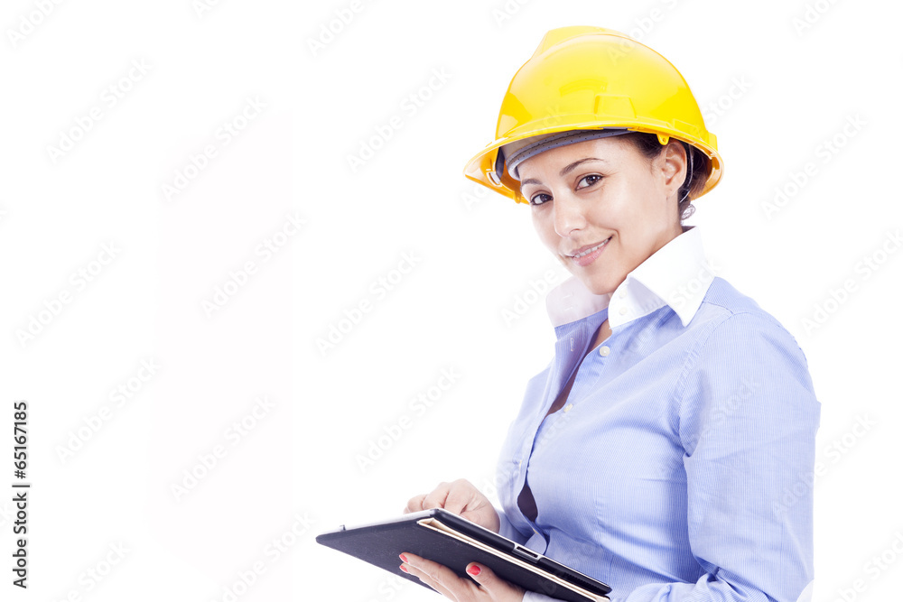 Female engineer with a tablet computer, isolated on white backgr Female engineer with a tablet computer, isolated on white backgr