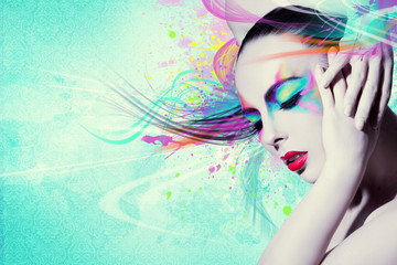 Beautiful woman, Artwork with ink in grunge style
