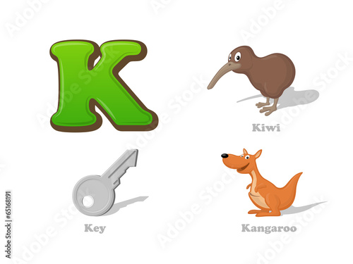ABC letter K funny kid icons set: kiwi bird, key, kangaroo