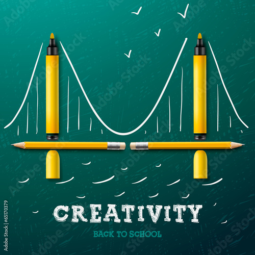 Creativity learning. Bridge made with pencils and markers
