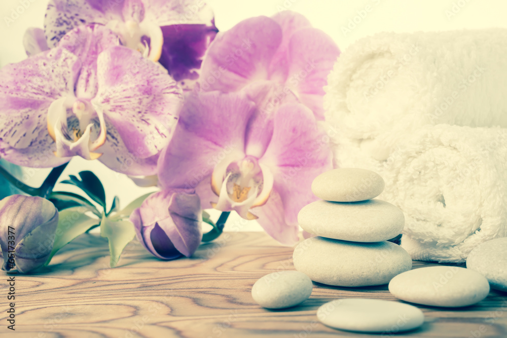 fantastic Spa still life with stone, lilac orchid and towel, vin fantastic Spa still life with stone, lilac orchid and towel, vin