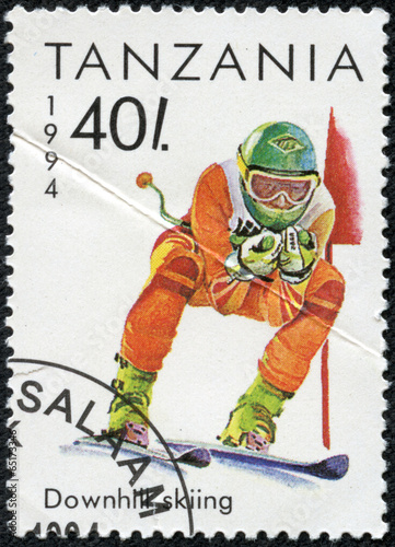 stamp printed in Tanzania shows winter sport.skiing
