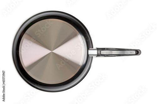 Empty black pan on isolated background, back side