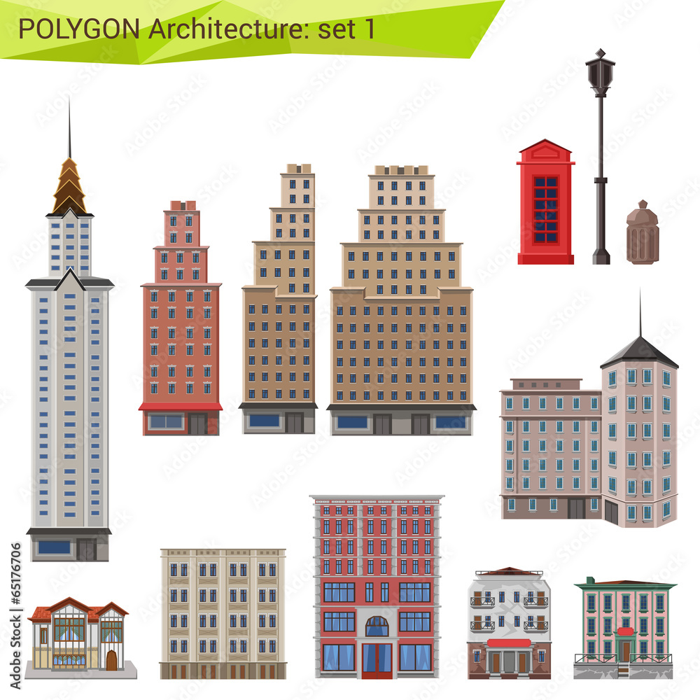 Polygonal style skyscrapers and buildings set. City design.