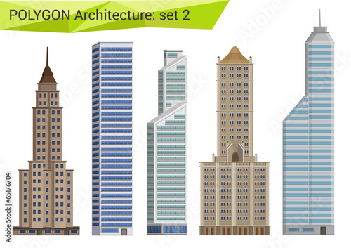 Polygonal style skyscrapers set. City design elements.