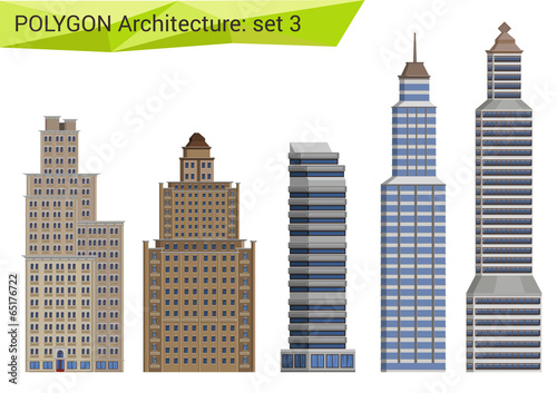 Polygon style skyscrapers set. City design elements.