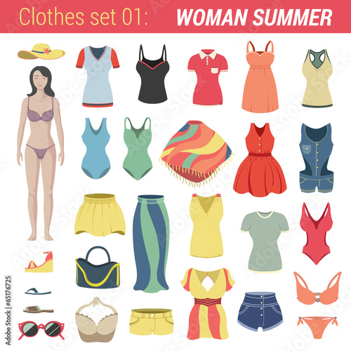 Woman summer clothing vector icon set. Pants, bra, dress etc.