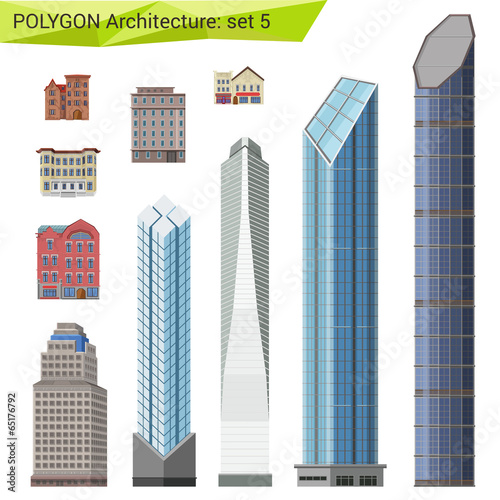Polygonal style skyscrapers, houses and buildings set