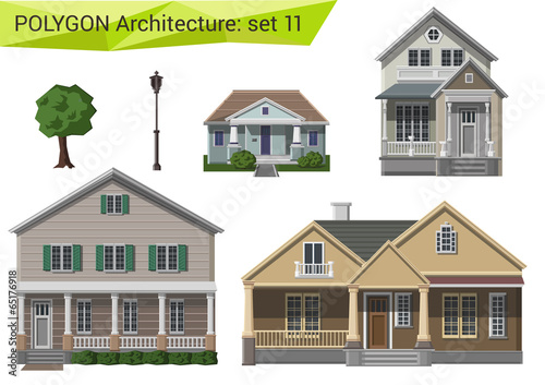 Polygon style houses and buildings set. Countryside and suburbs.