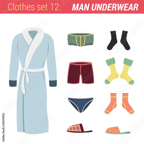 Man underwear clothing vector icon set. Bathrobe, trunks, socks.