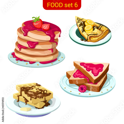 Sweet pancake & toast with jam & chocolate vector icon set.
