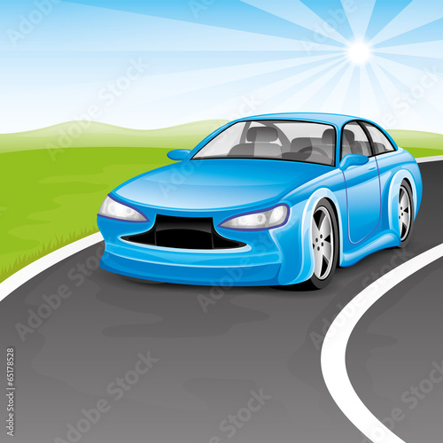 Vector illustration. Blue car on the road.