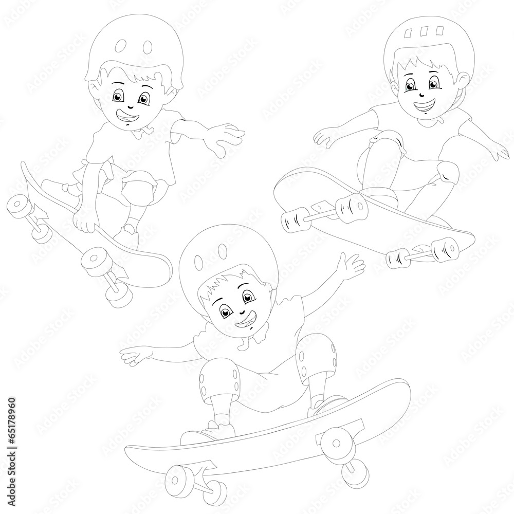 Cartoon skater boys flying through the air . Drawing style Cartoon skater boys flying through the air . Drawing style