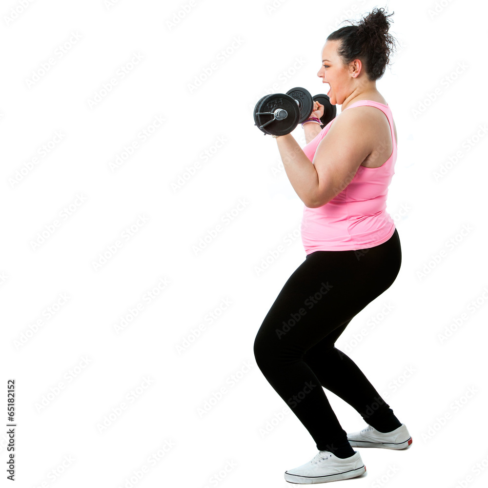 Overweight girl doing workout.