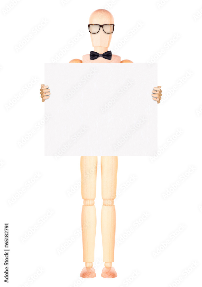 wooden Dummy businessman with empty banner