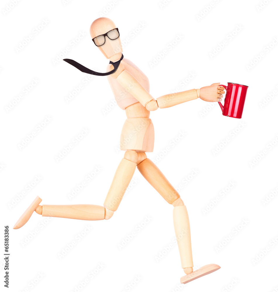 wooden Dummy with red cup of coffee wooden Dummy with red cup of coffee
