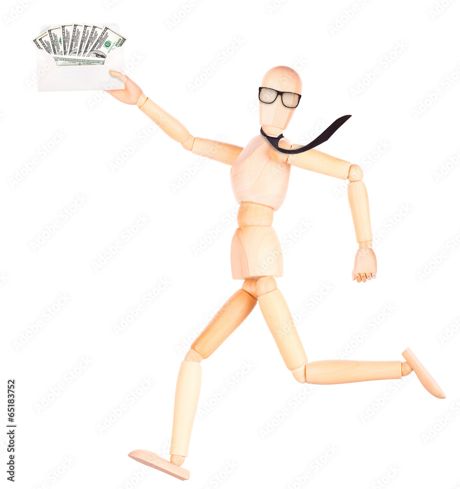 wooden Dummy with envelope full of money wooden Dummy with envelope full of money