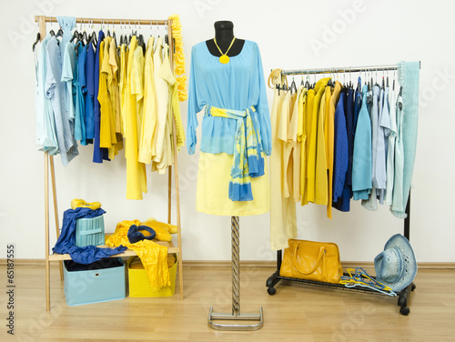 Wardrobe with yellow and blue clothes on hangers and mannequin.