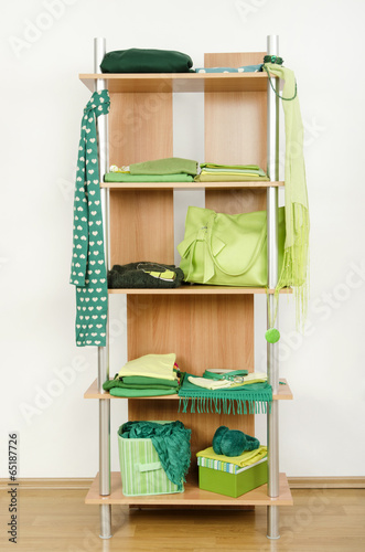 Tidy wardrobe with green clothes nicely arranged on a shelf.