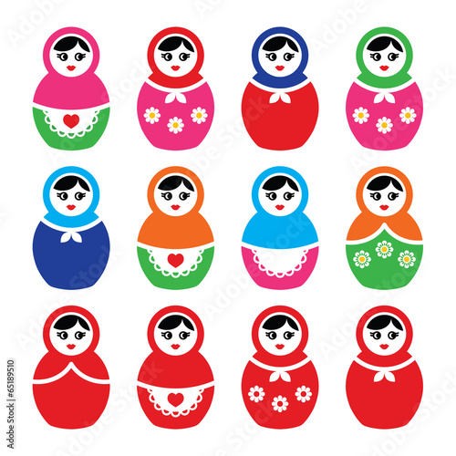 Russian doll, retro babushka vector colorful icons set