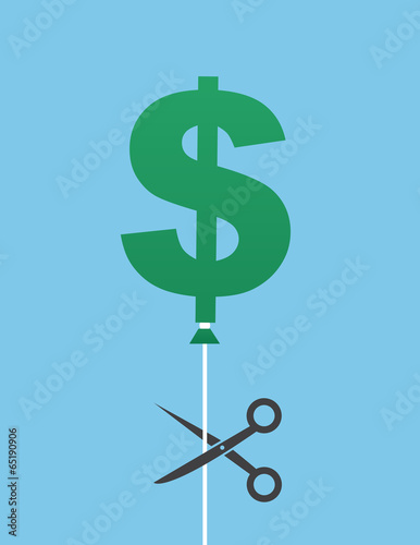 Dollar sign balloon about to be cut by scissors
