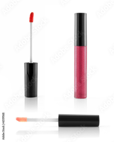 Pink gloss lipstick on white background photo