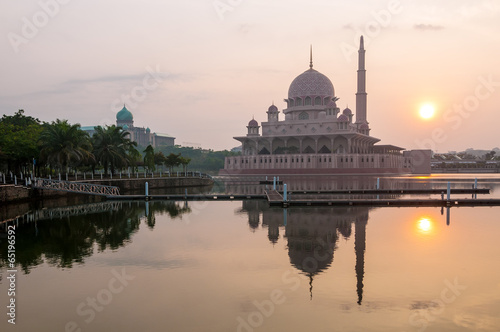 Putra mosque in Putrajaya, Malaysia during sunrise in hazy morni