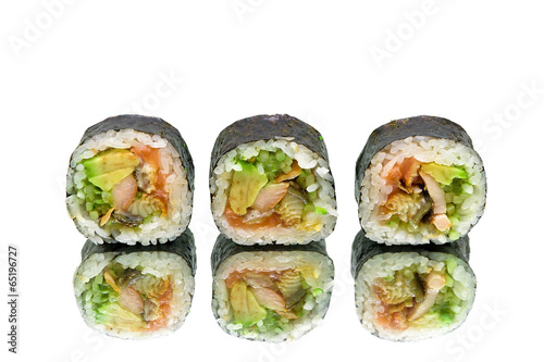 Japanese rolls with avocado and eel on white background