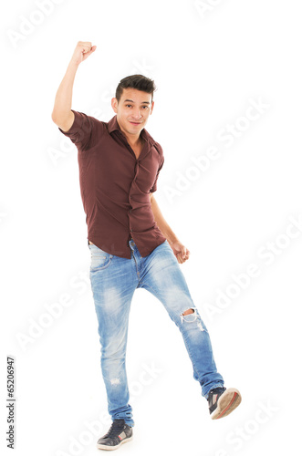 happy hispanic man celebrating on white background