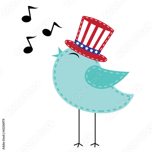 Patriotic bird wearing uncle sam hat singing with notes