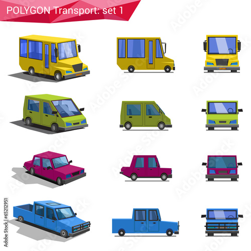 Polygonal style vehicles vector icon set. Bus, van, car, pickup.