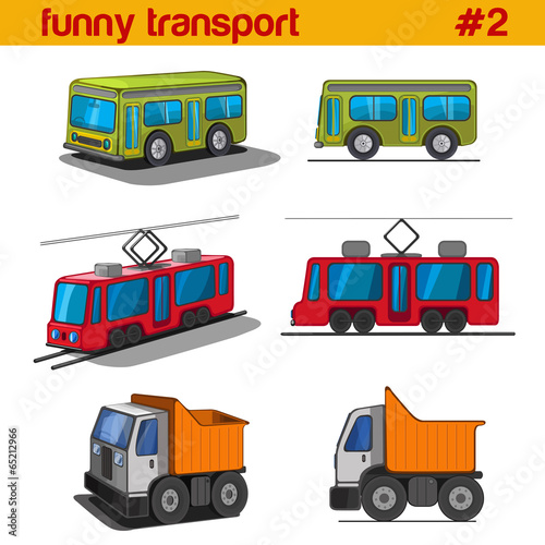 Fun cute cartoon vehicles vector icon set. Bus, tram, tip lorry.