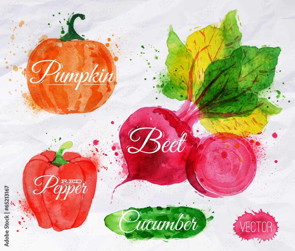Vegetables watercolor corn, broccoli, chili, eggplantpumpkin,