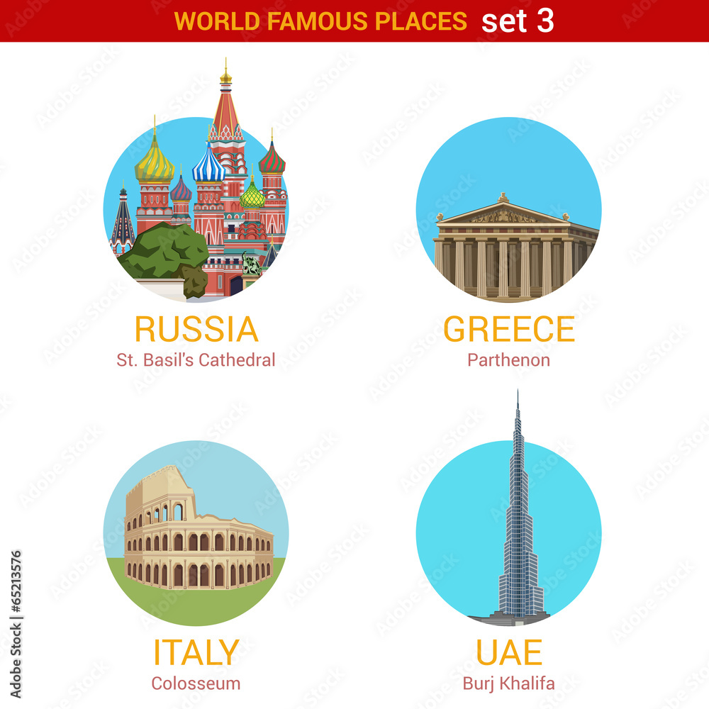 Travel adventure vacation vector set: Moscow, Rome, Dubai.