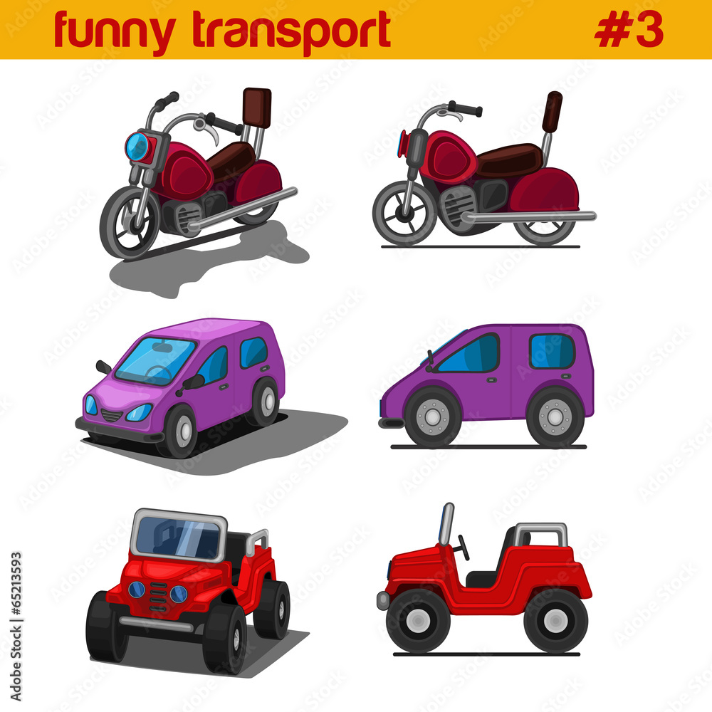 Fun cute cartoon vehicles vector icon set. Bike, car, SUV.