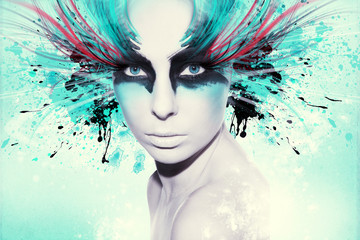 Beautiful woman, Artwork with ink in grunge style