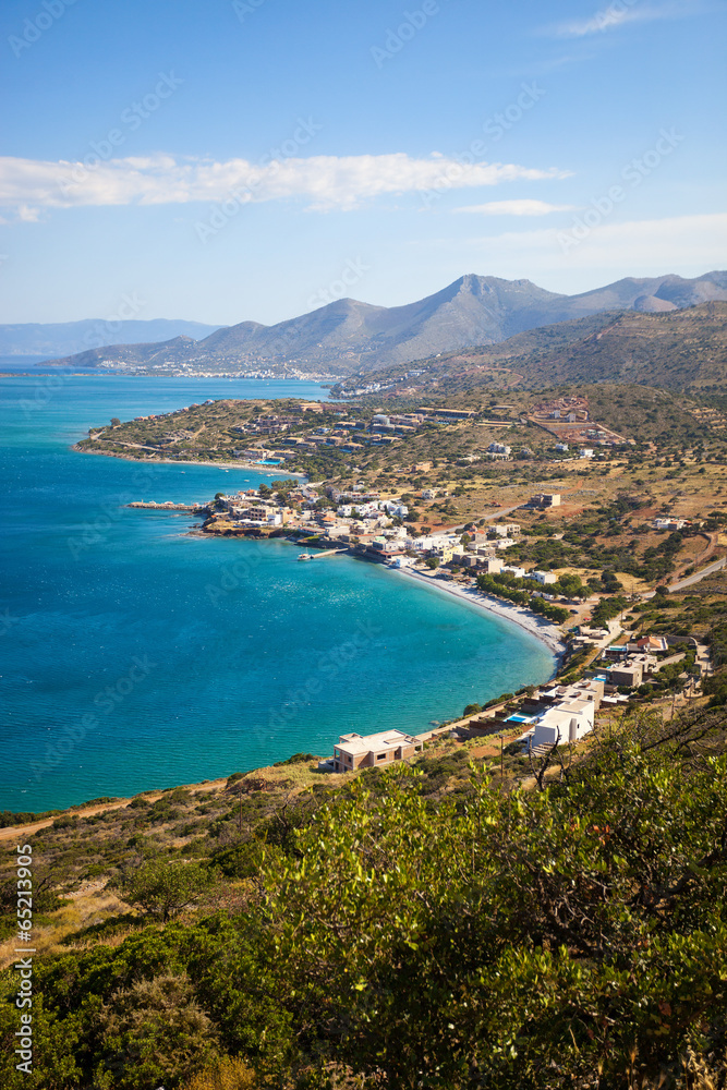 View of coastline near Aghios Nikolaos at Crete island in Greece