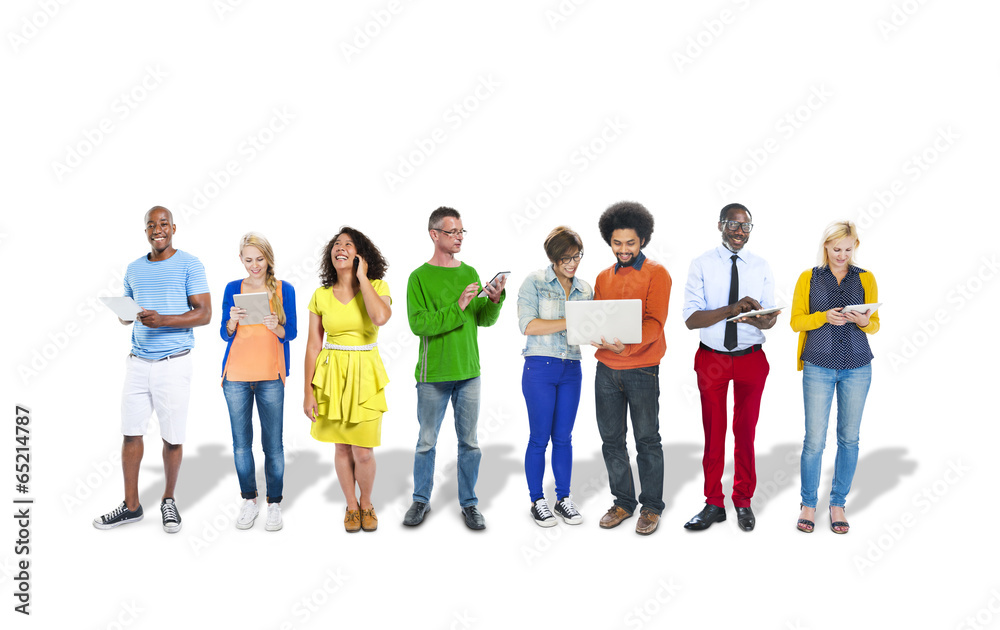 Group of Multiethnic Colorful People Using Digital Devices Group of Multiethnic Colorful People Using Digital Devices
