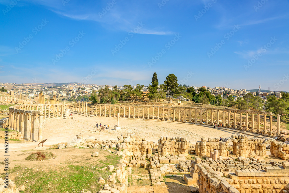 Colonnade on the Roman Oval Forum in Jerash, Jordan