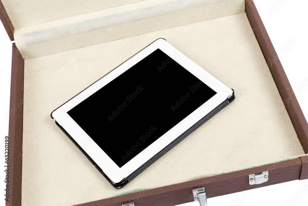 Modern white tablet pc in briefcase isolated on white Modern white tablet pc in briefcase isolated on white