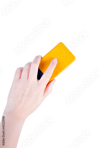 Hand holding brush erase on isolated white background
