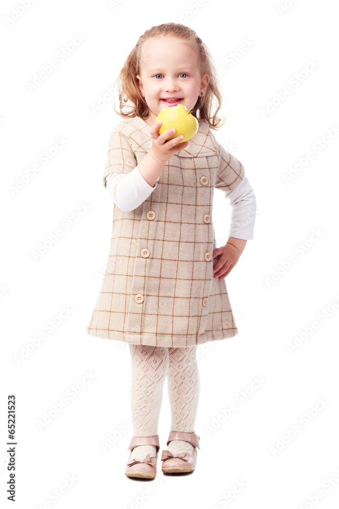 Pretty little girl eating apple isolated on white Pretty little girl eating apple isolated on white
