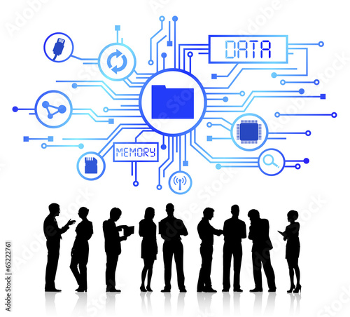 Vector Of Data And Memory Themed Background And Silhouettes