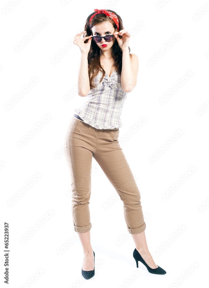 Pin up girl style, woman with retro sunglasses Pin up girl style, woman with retro sunglasses