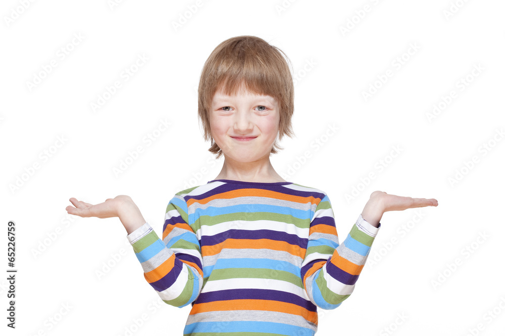 Boy Stretching out his Arms with Palms up, Looking, Smiling Boy Stretching out his Arms with Palms up, Looking, Smiling