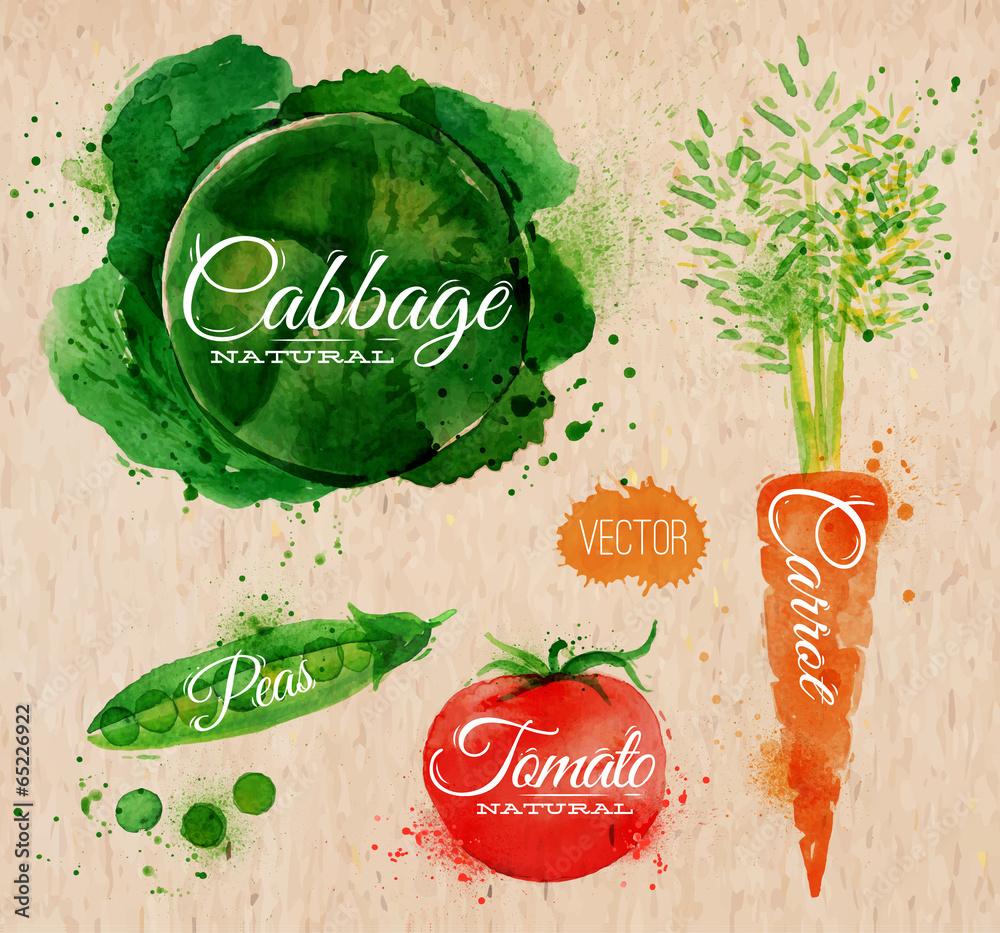 Vegetables watercolor cabbage, carrot, tomato, peas kraft
