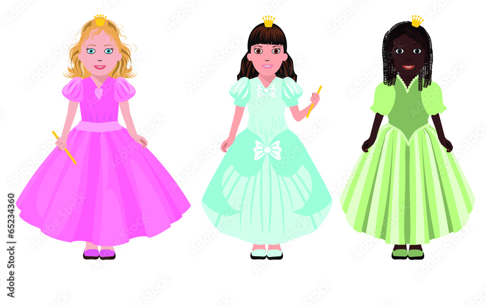Three little girls or princesses, vector illustration