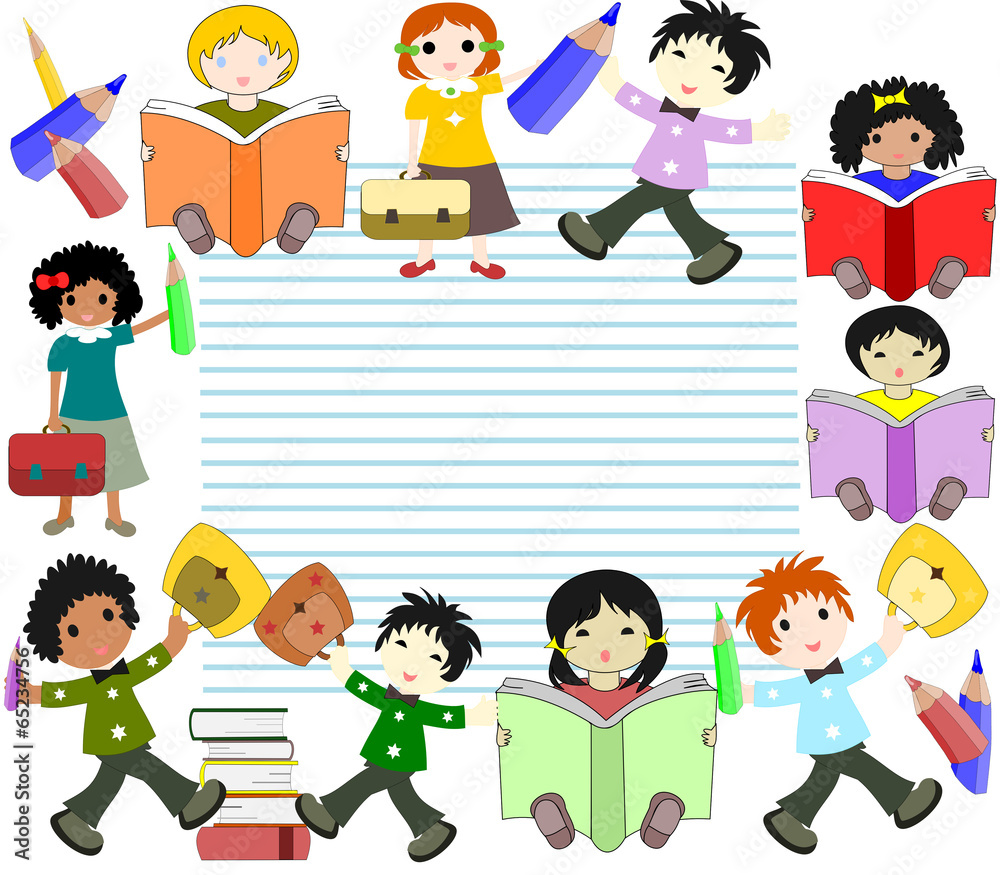 Children of different races read books and go to school with a b Children of different races read books and go to school with a b